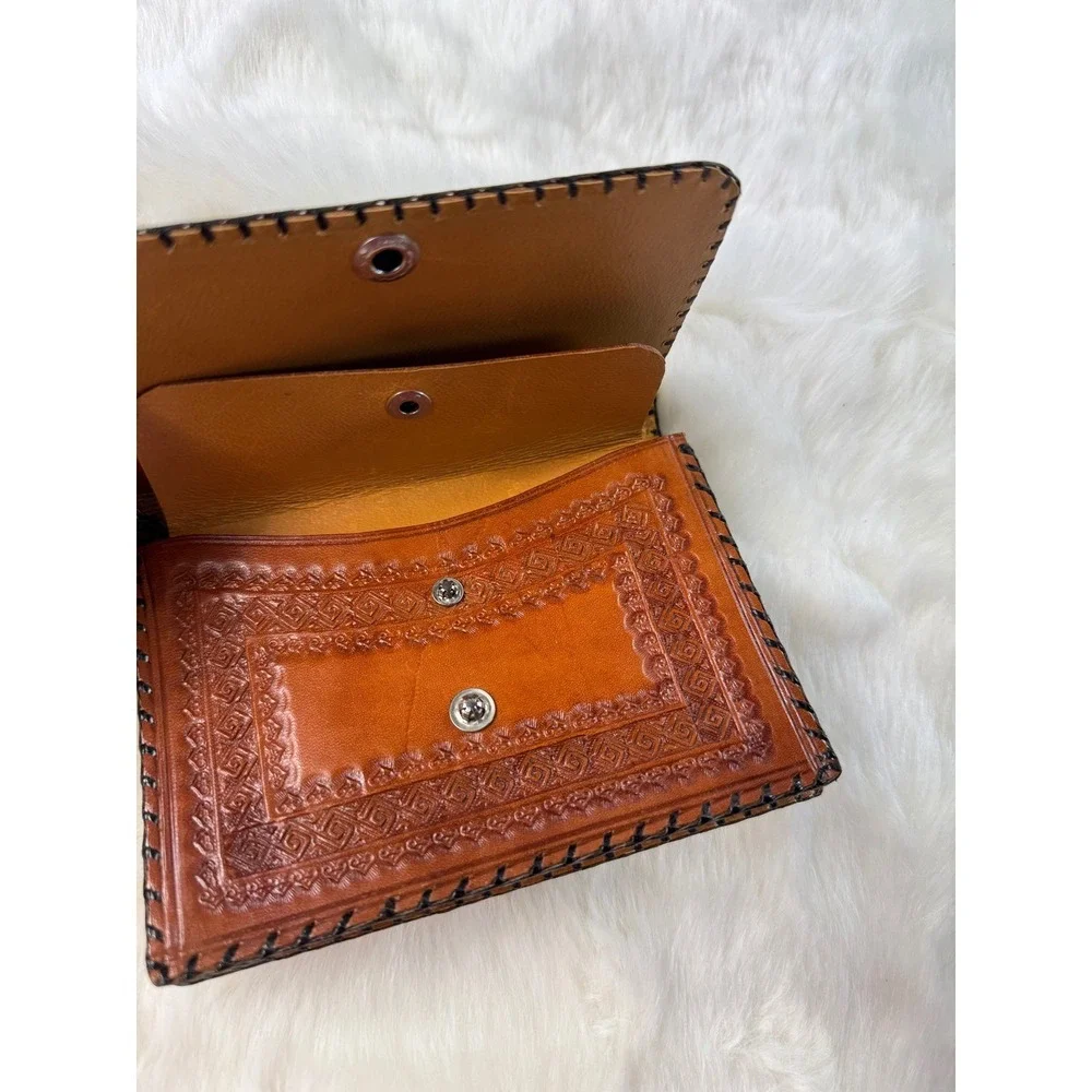 Vintage Tooled Leather Clutch Wallet‎ MEXICO Wrist Strap Brown Snap Closure